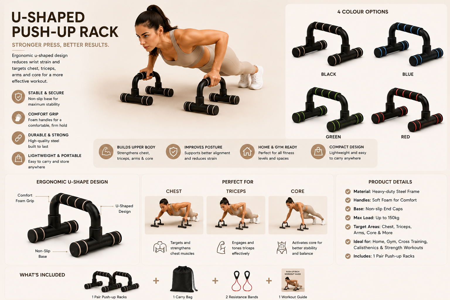SculptForHer U-Shaped Push-Up Bars | Non-Slip Strength Training Push-Up Handles for Home Gym Workouts