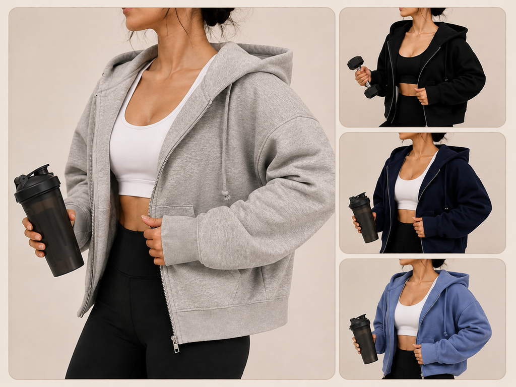 Sculpta™ Women’s Cropped Zip Hoodie | Fleece-Lined Lightweight Gym Jacket