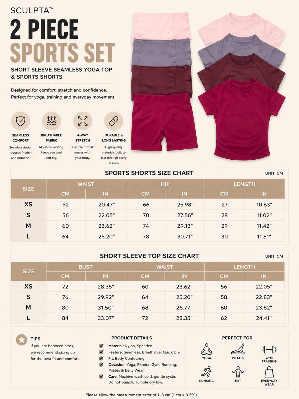 SculptForHer 2 Piece Seamless Gym Set | Women’s Short Sleeve Crop Top & High Waist Sports Shorts Activewear
