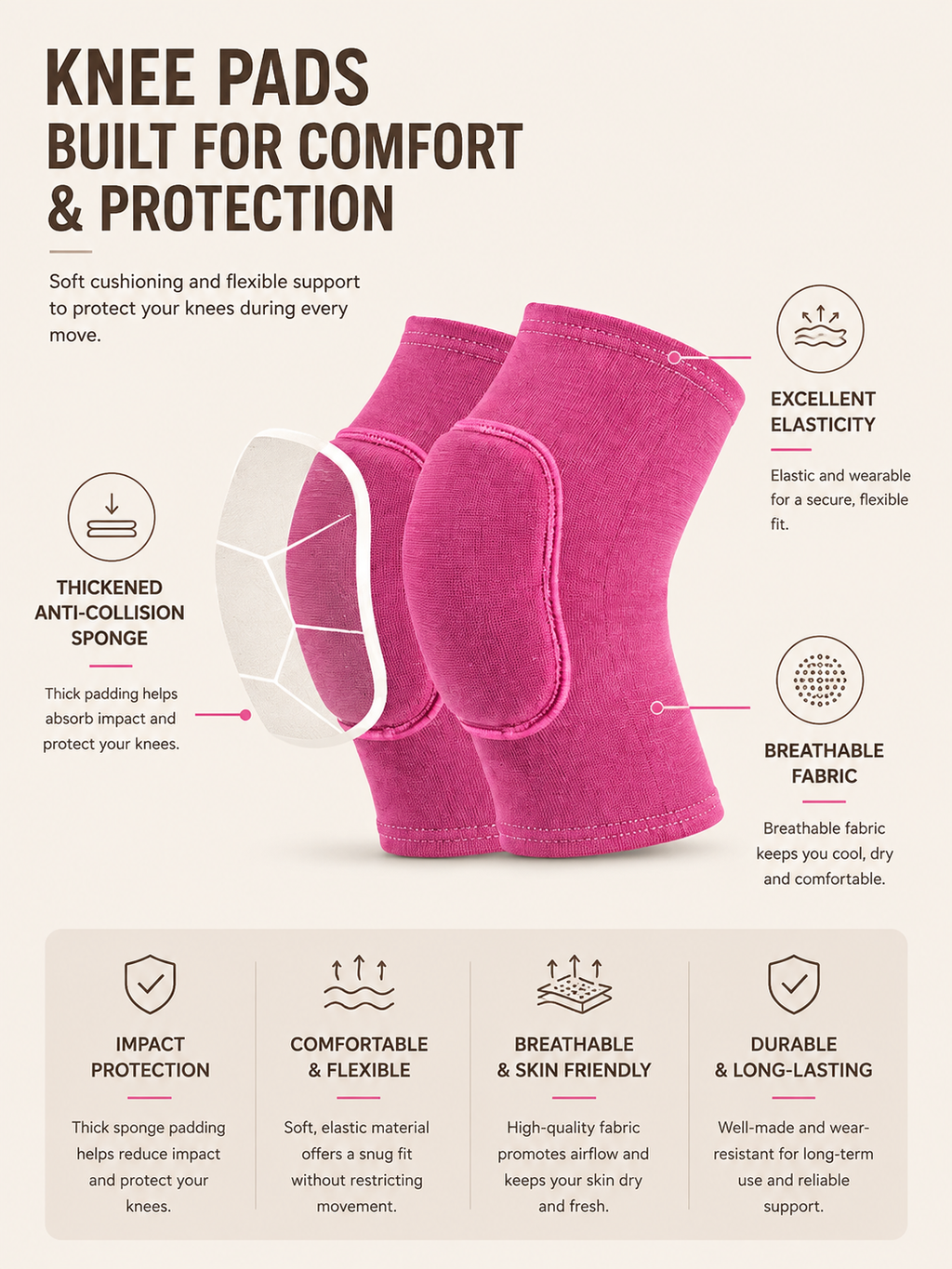 SculptForHer Compression Knee Pads (2 Pack) | Elastic Knee Support Sleeves with Thick EVA Padding for Gym, Volleyball, Running & Fitness