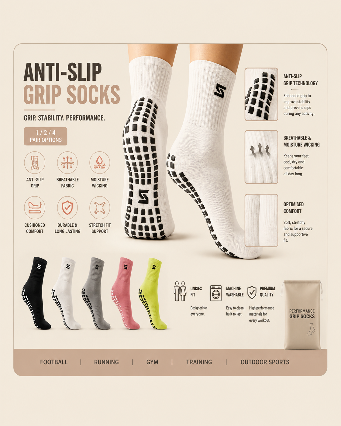 SculptForHer Anti-Slip Grip Football Socks | Non-Slip Sports Socks for Football, Running, Gym, Rugby & Training (1, 2 or 4 Pairs)