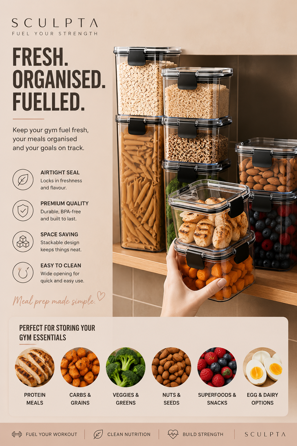 Sculpta™ Airtight Protein Storage Container | Large Supplement & Protein Powder Canister | Moisture-Proof Kitchen Storage Jar