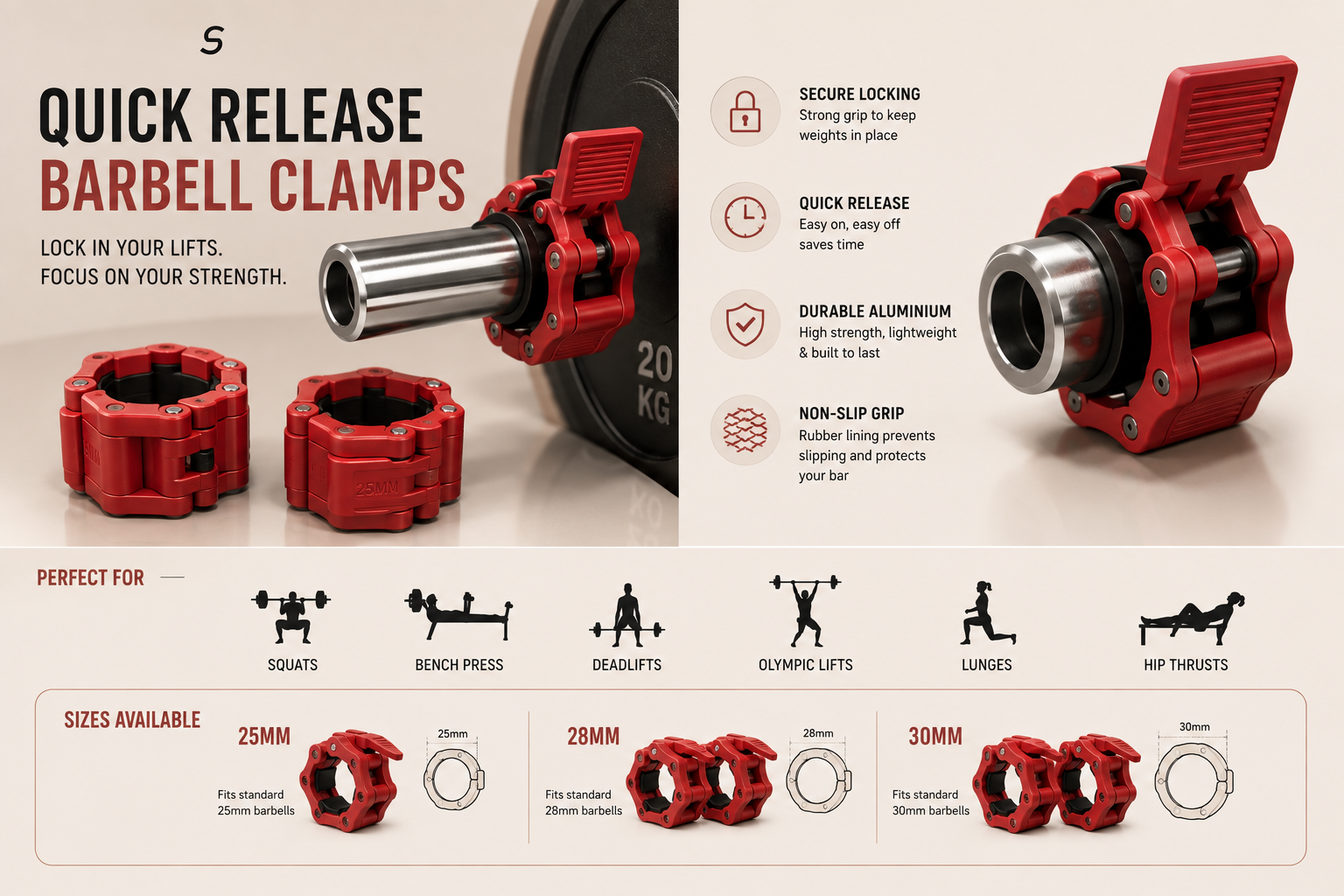 SculptForHer Quick Release Barbell Clamps (Pair) | Olympic Barbell Lock Collars for Weightlifting, Powerlifting & Strength Training