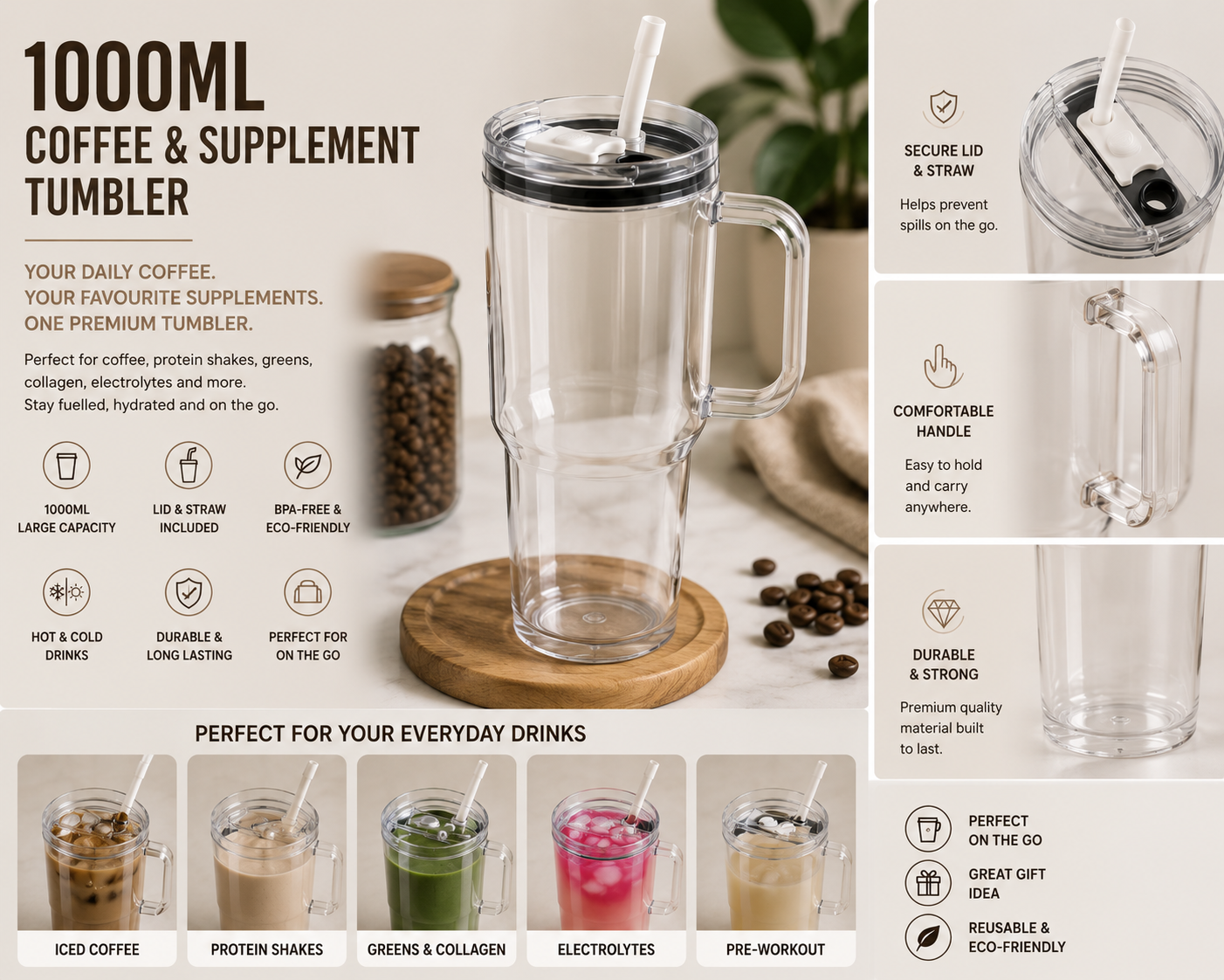 SculptForHer 1000ml Coffee & Supplement Tumbler | Reusable Travel Cup with Lid & Straw