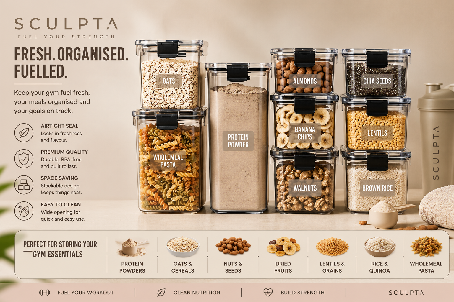 Sculpta™ Airtight Protein Storage Container | Large Supplement & Protein Powder Canister | Moisture-Proof Kitchen Storage Jar