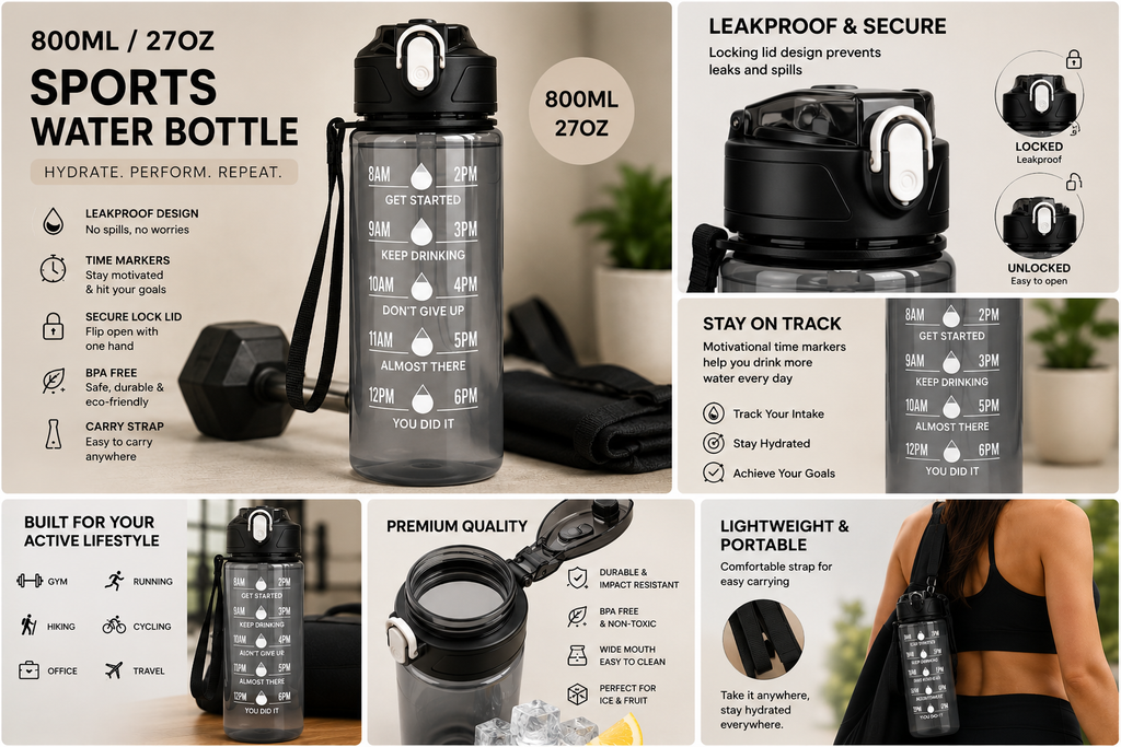 SculptForHer 800ml Sports Water Bottle | Leakproof Gym Bottle with Time Marker & Carry Strap