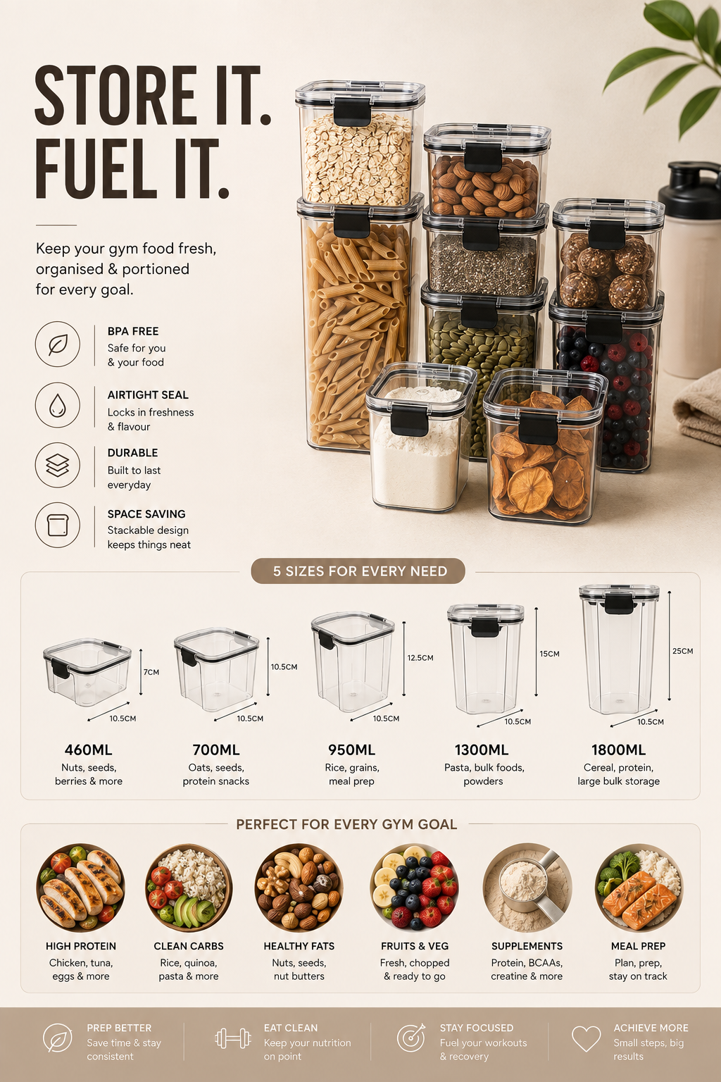Sculpta™ Airtight Protein Storage Container | Large Supplement & Protein Powder Canister | Moisture-Proof Kitchen Storage Jar