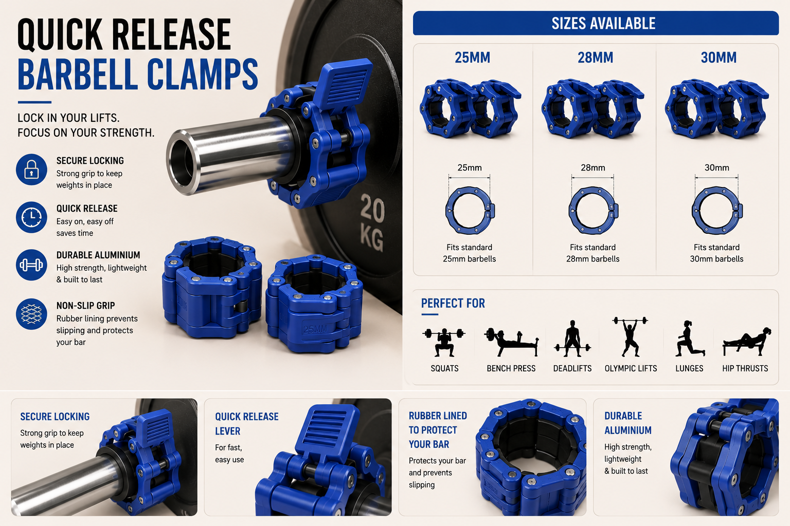 SculptForHer Quick Release Barbell Clamps (Pair) | Olympic Barbell Lock Collars for Weightlifting, Powerlifting & Strength Training
