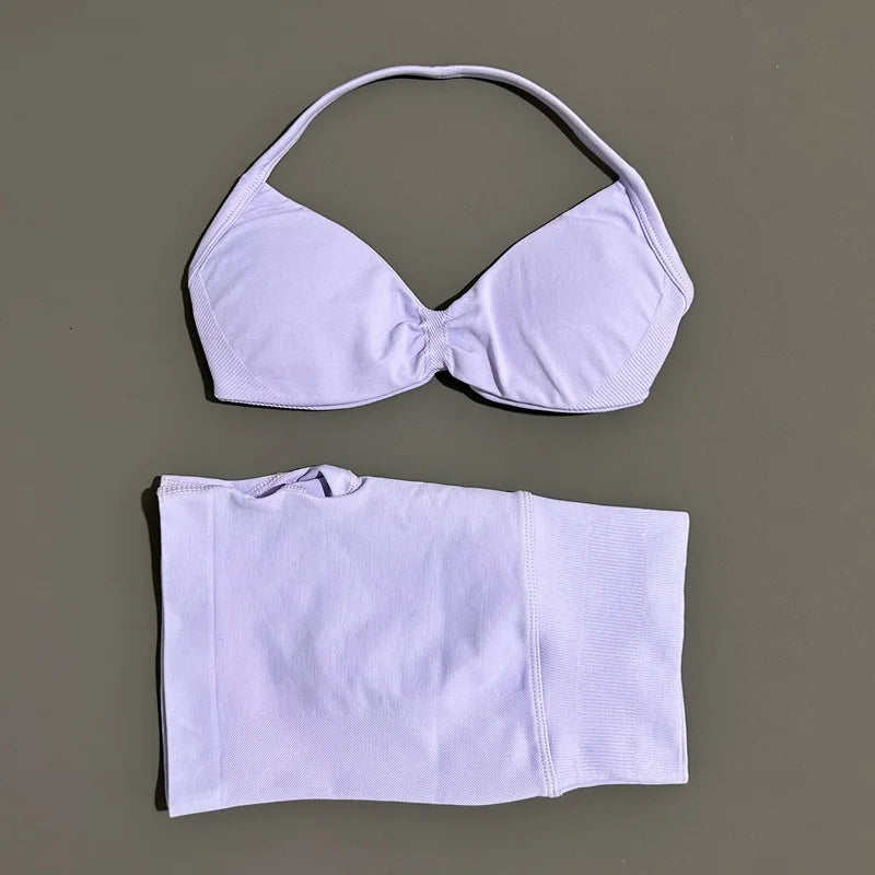 SculptForHer Women’s 2 Piece Scrunch Gym Set | High-Waisted Shorts & Strappy Sports Bra | Seamless Workout Outfit
