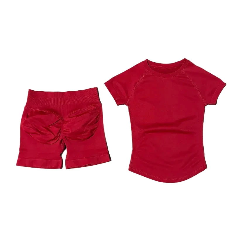 SculptForHer 2 Piece Seamless Gym Set | Women’s Short Sleeve Crop Top & High Waist Sports Shorts Activewear