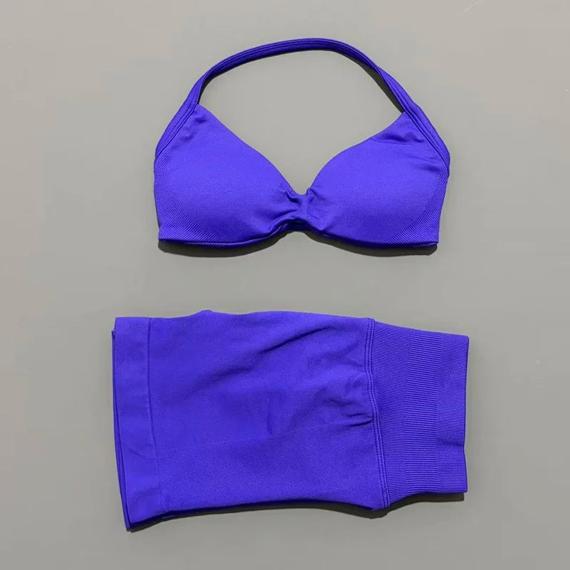 SculptForHer Women’s 2 Piece Scrunch Gym Set | High-Waisted Shorts & Strappy Sports Bra | Seamless Workout Outfit