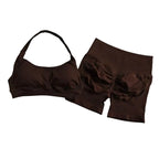 SculptForHer Halter Neck Sports Bra & High Waist Scrunch Shorts Gym Set | Seamless Yoga & Pilates Activewear for Women