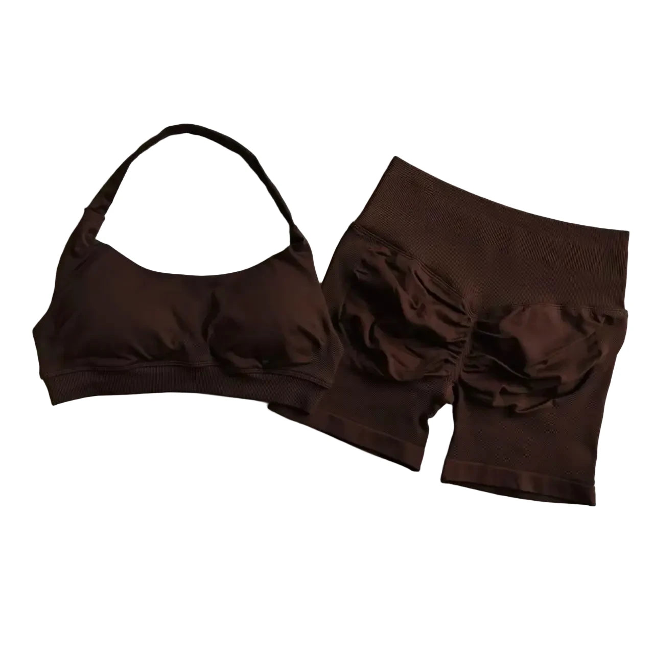 SculptForHer Halter Neck Sports Bra & High Waist Scrunch Shorts Gym Set | Seamless Yoga & Pilates Activewear for Women