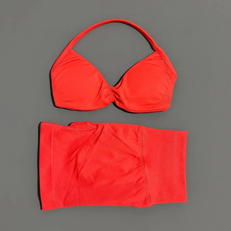 SculptForHer Women’s 2 Piece Scrunch Gym Set | High-Waisted Shorts & Strappy Sports Bra | Seamless Workout Outfit