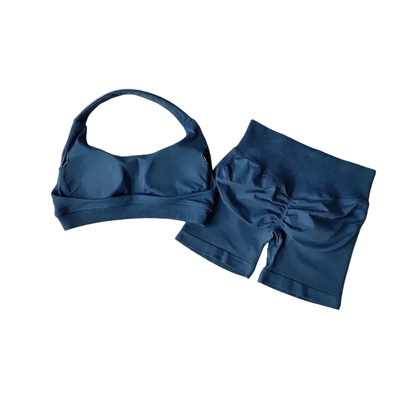 SculptForHer Halter Neck Sports Bra & High Waist Scrunch Shorts Gym Set | Seamless Yoga & Pilates Activewear for Women