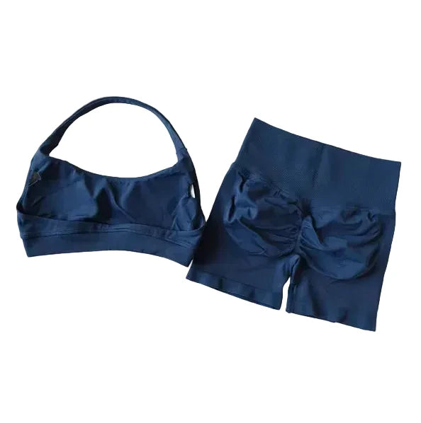 SculptForHer Halter Neck Sports Bra & High Waist Scrunch Shorts Gym Set | Seamless Yoga & Pilates Activewear for Women