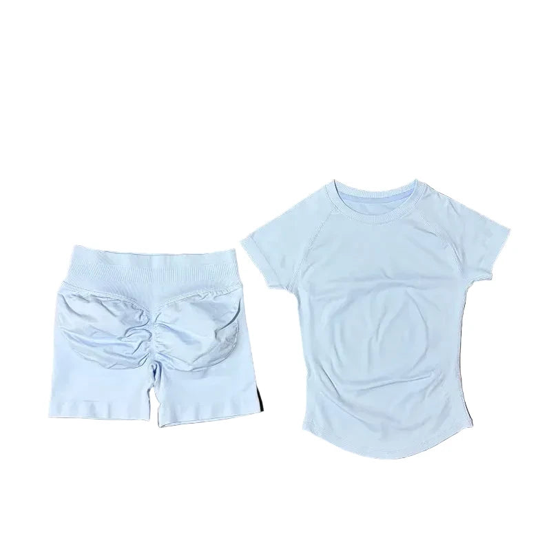 SculptForHer 2 Piece Seamless Gym Set | Women’s Short Sleeve Crop Top & High Waist Sports Shorts Activewear