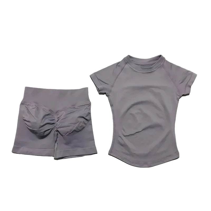 Sculpta™ 2 Piece Seamless Gym Set | Women’s Short Sleeve Crop Top & High Waist Sports Shorts Activewear