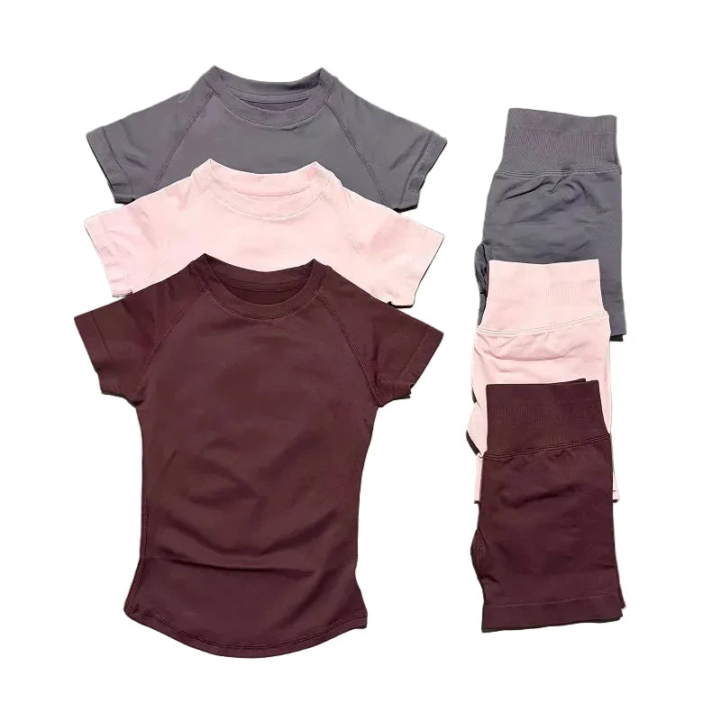 Sculpta™ 2 Piece Seamless Gym Set | Women’s Short Sleeve Crop Top & High Waist Sports Shorts Activewear