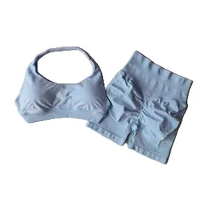 SculptForHer Halter Neck Sports Bra & High Waist Scrunch Shorts Gym Set | Seamless Yoga & Pilates Activewear for Women