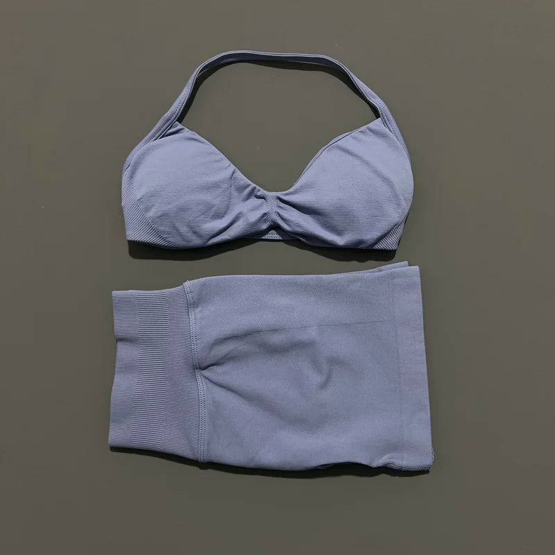 SculptForHer Women’s 2 Piece Scrunch Gym Set | High-Waisted Shorts & Strappy Sports Bra | Seamless Workout Outfit