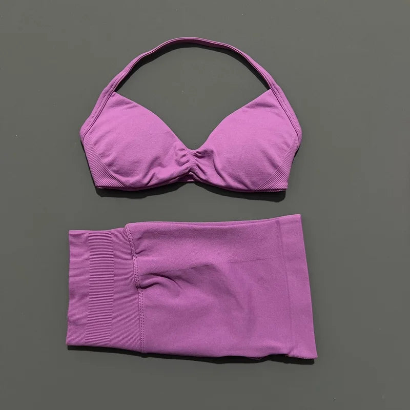 SculptForHer Women’s 2 Piece Scrunch Gym Set | High-Waisted Shorts & Strappy Sports Bra | Seamless Workout Outfit