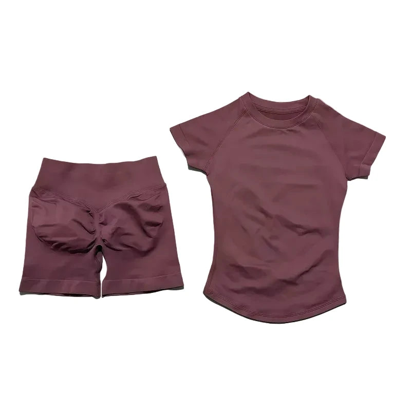 Sculpta™ 2 Piece Seamless Gym Set | Women’s Short Sleeve Crop Top & High Waist Sports Shorts Activewear
