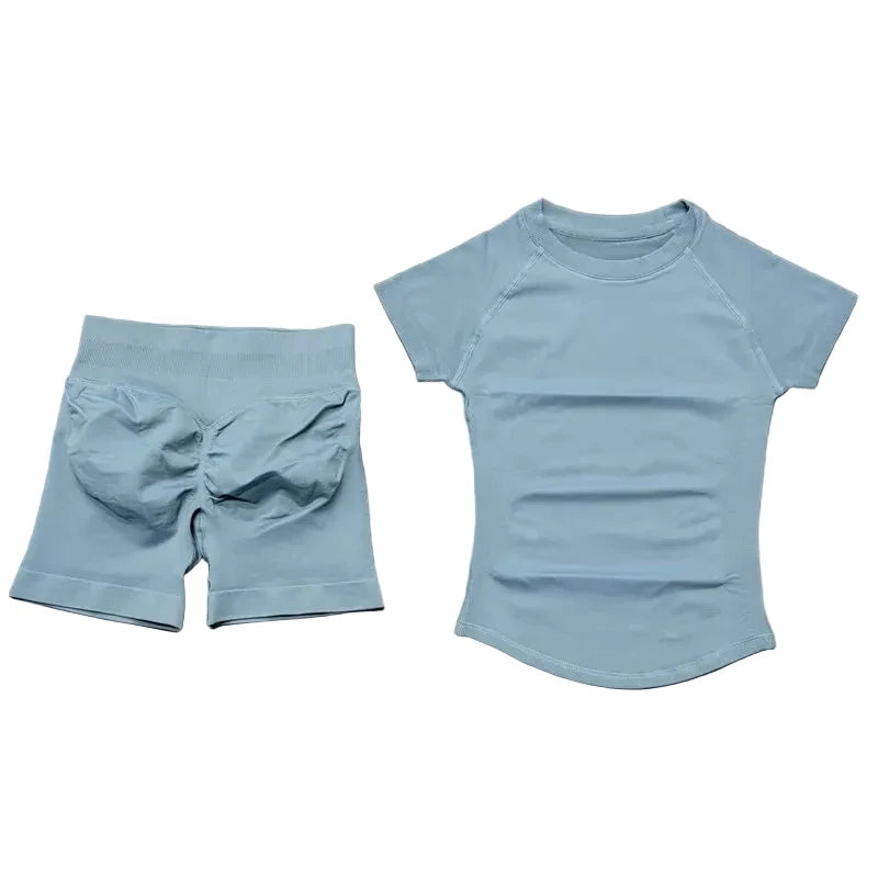 Sculpta™ 2 Piece Seamless Gym Set | Women’s Short Sleeve Crop Top & High Waist Sports Shorts Activewear