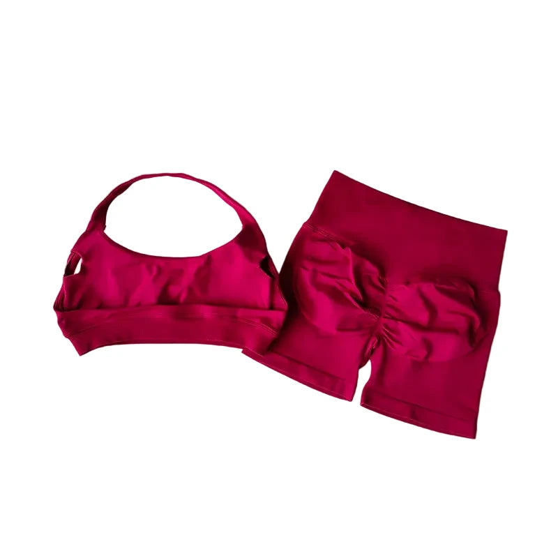 SculptForHer Halter Neck Sports Bra & High Waist Scrunch Shorts Gym Set | Seamless Yoga & Pilates Activewear for Women