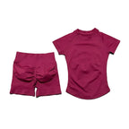 SculptForHer 2 Piece Seamless Gym Set | Women’s Short Sleeve Crop Top & High Waist Sports Shorts Activewear