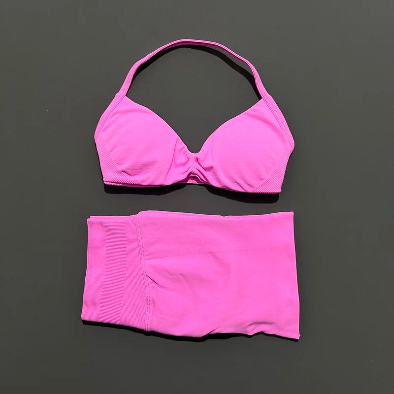 SculptForHer Women’s 2 Piece Scrunch Gym Set | High-Waisted Shorts & Strappy Sports Bra | Seamless Workout Outfit