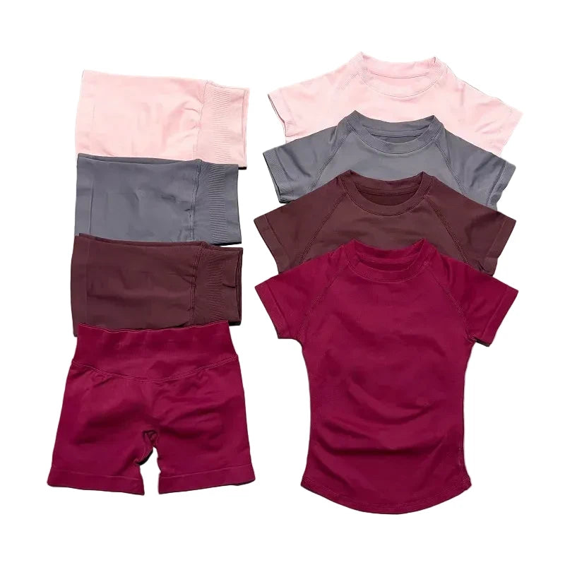Sculpta™ 2 Piece Seamless Gym Set | Women’s Short Sleeve Crop Top & High Waist Sports Shorts Activewear