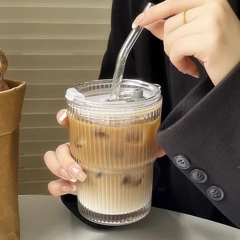 SculptForHer 600ml Glass Tumbler with Lid & Straw | Premium Coffee, Matcha & Iced Drink Cup