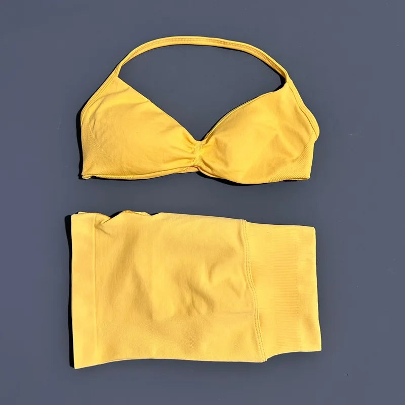 SculptForHer Women’s 2 Piece Scrunch Gym Set | High-Waisted Shorts & Strappy Sports Bra | Seamless Workout Outfit