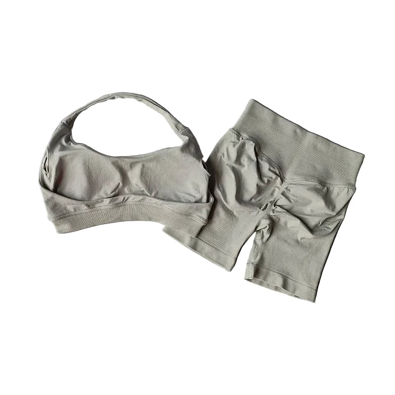 SculptForHer Halter Neck Sports Bra & High Waist Scrunch Shorts Gym Set | Seamless Yoga & Pilates Activewear for Women