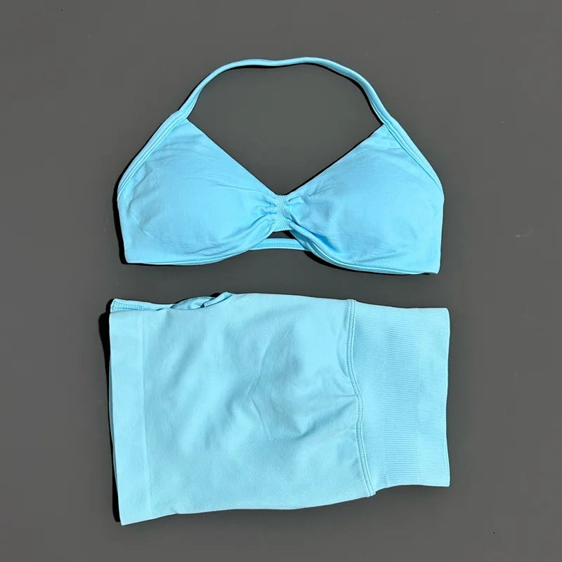 SculptForHer Women’s 2 Piece Scrunch Gym Set | High-Waisted Shorts & Strappy Sports Bra | Seamless Workout Outfit