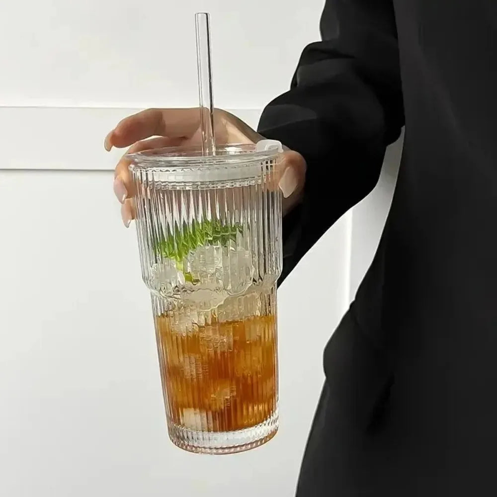 SculptForHer 600ml Glass Tumbler with Lid & Straw | Premium Coffee, Matcha & Iced Drink Cup