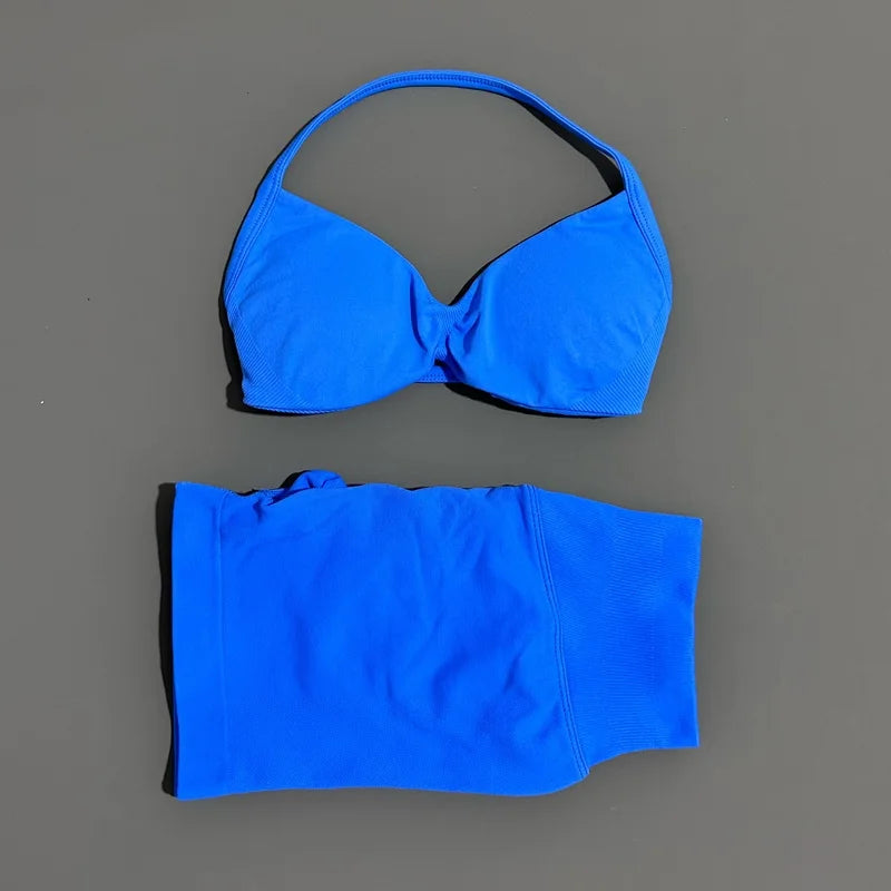 SculptForHer Women’s 2 Piece Scrunch Gym Set | High-Waisted Shorts & Strappy Sports Bra | Seamless Workout Outfit