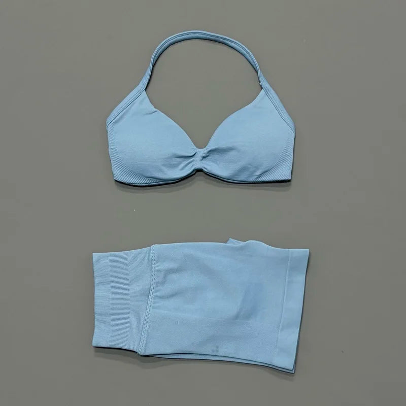 SculptForHer Women’s 2 Piece Scrunch Gym Set | High-Waisted Shorts & Strappy Sports Bra | Seamless Workout Outfit