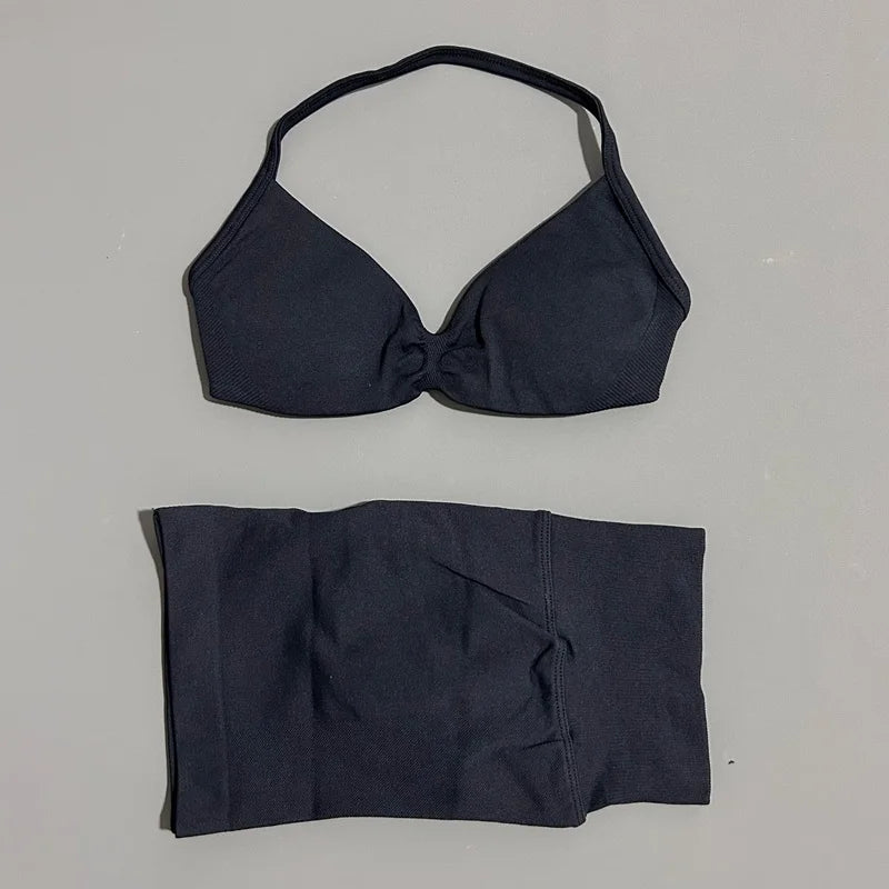 SculptForHer Women’s 2 Piece Scrunch Gym Set | High-Waisted Shorts & Strappy Sports Bra | Seamless Workout Outfit
