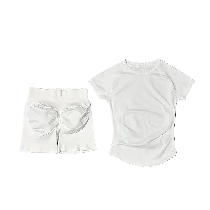 SculptForHer 2 Piece Seamless Gym Set | Women’s Short Sleeve Crop Top & High Waist Sports Shorts Activewear