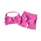 SculptForHer Halter Neck Sports Bra & High Waist Scrunch Shorts Gym Set | Seamless Yoga & Pilates Activewear for Women