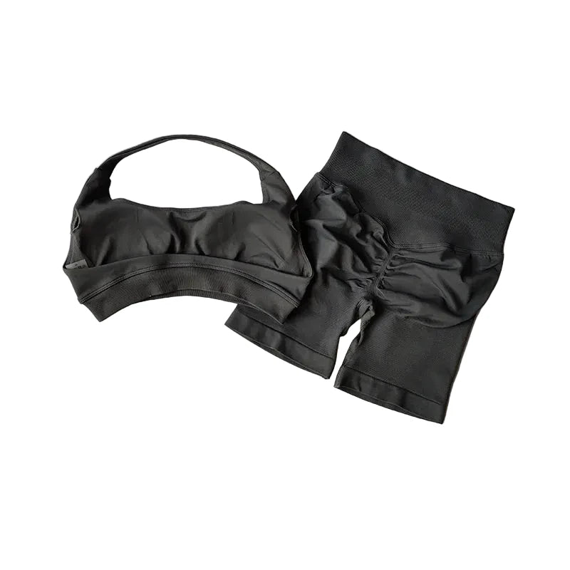 SculptForHer Halter Neck Sports Bra & High Waist Scrunch Shorts Gym Set | Seamless Yoga & Pilates Activewear for Women