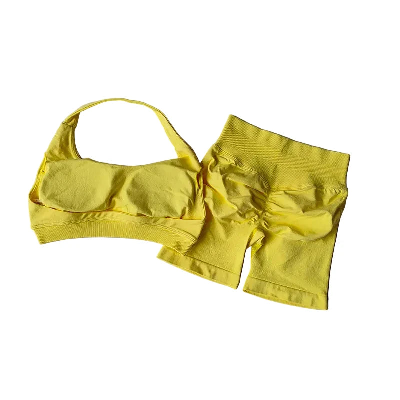 SculptForHer Halter Neck Sports Bra & High Waist Scrunch Shorts Gym Set | Seamless Yoga & Pilates Activewear for Women