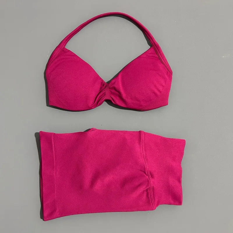 SculptForHer Women’s 2 Piece Scrunch Gym Set | High-Waisted Shorts & Strappy Sports Bra | Seamless Workout Outfit