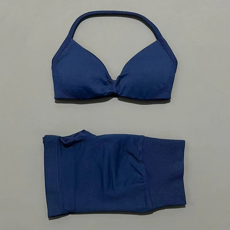 SculptForHer Women’s 2 Piece Scrunch Gym Set | High-Waisted Shorts & Strappy Sports Bra | Seamless Workout Outfit