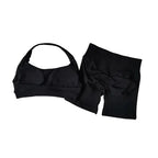 SculptForHer Halter Neck Sports Bra & High Waist Scrunch Shorts Gym Set | Seamless Yoga & Pilates Activewear for Women
