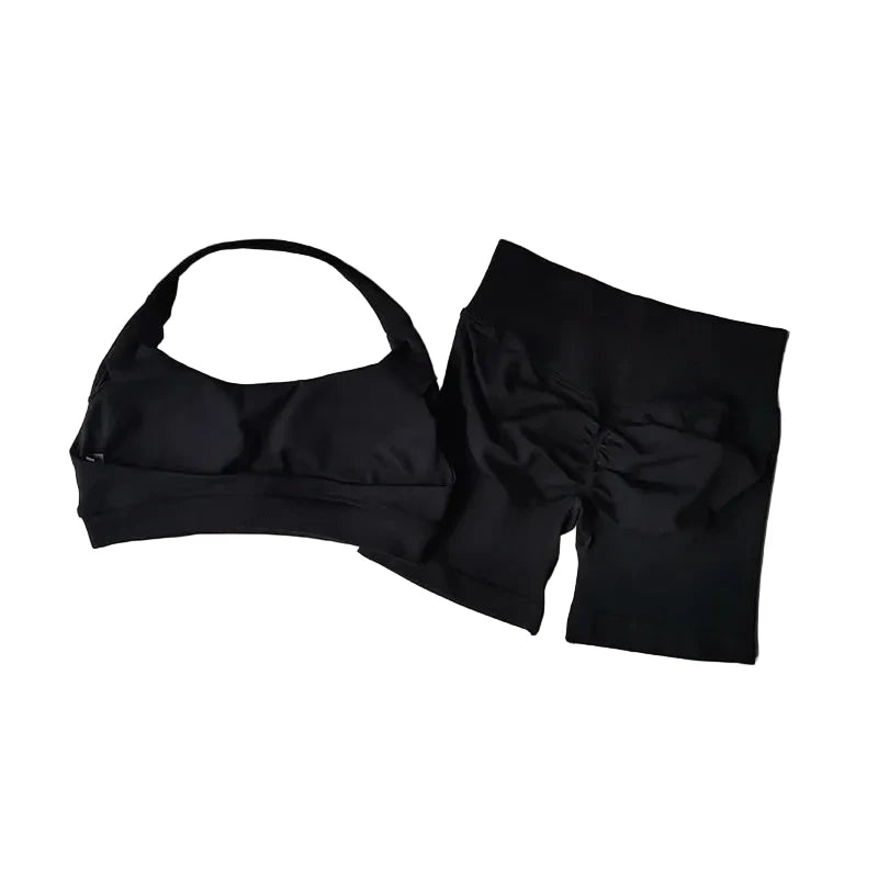 SculptForHer Halter Neck Sports Bra & High Waist Scrunch Shorts Gym Set | Seamless Yoga & Pilates Activewear for Women