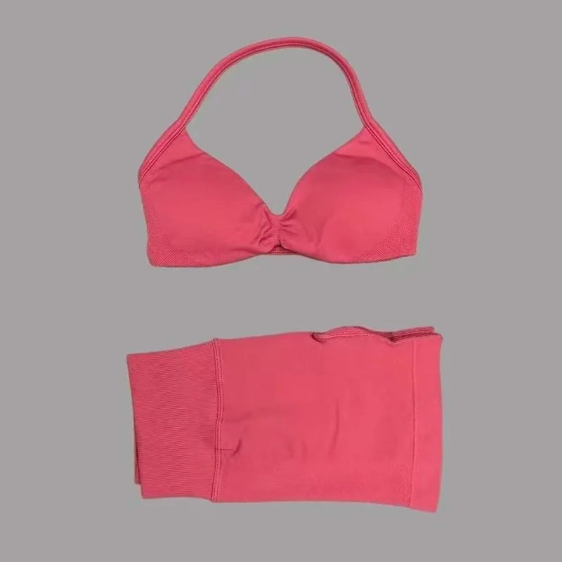 SculptForHer Women’s 2 Piece Scrunch Gym Set | High-Waisted Shorts & Strappy Sports Bra | Seamless Workout Outfit