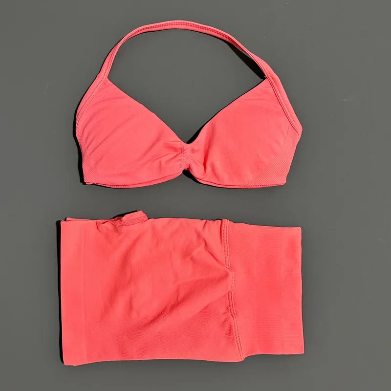 SculptForHer Women’s 2 Piece Scrunch Gym Set | High-Waisted Shorts & Strappy Sports Bra | Seamless Workout Outfit